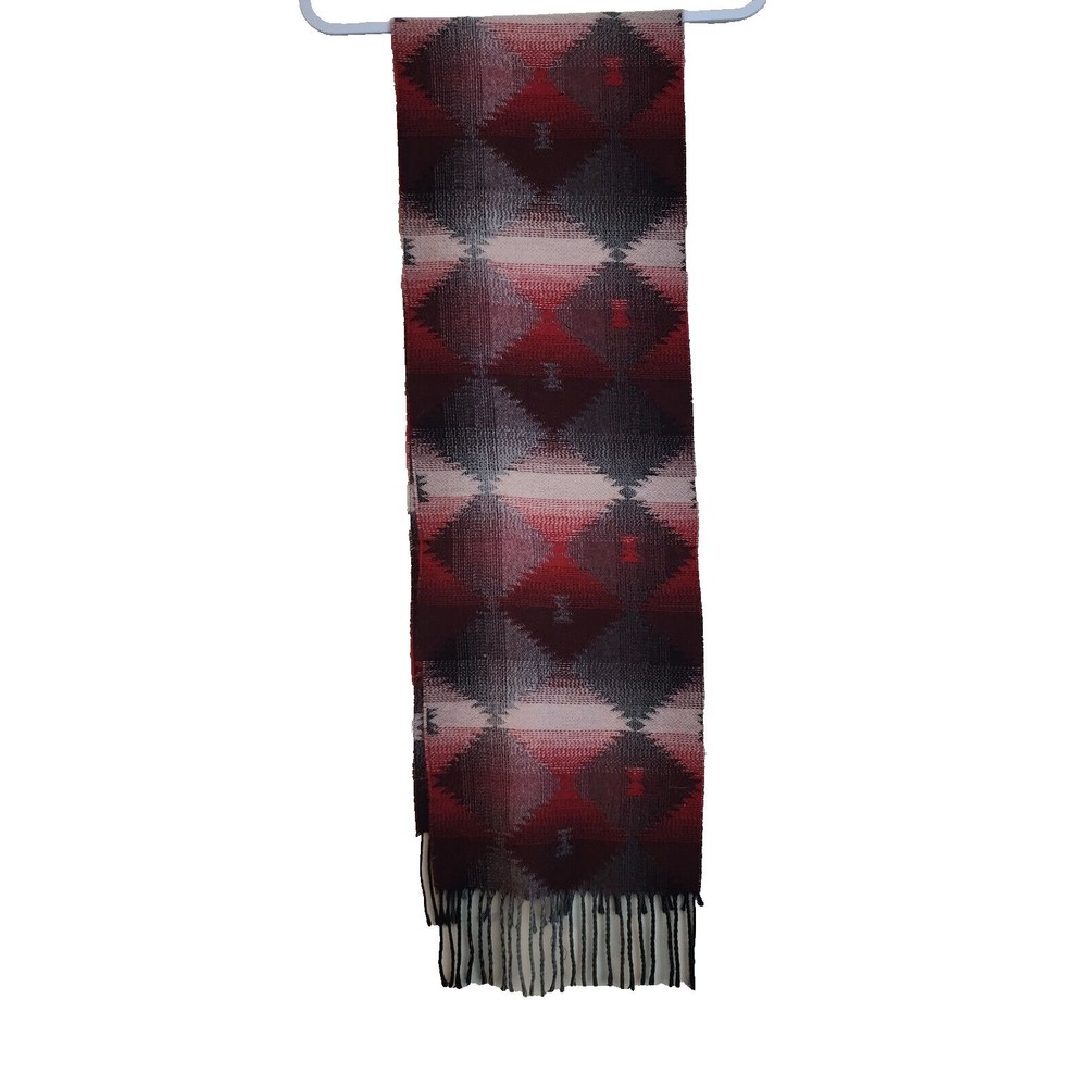 Cejon Scarf Made in Italy Tribal Geometric Pattern Grey Red Fringe 10.5"x64"